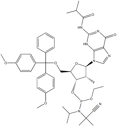 5'-O-[bis(4-metoksifenil)fenilmetil]-2'-deoksi-2'-fluoro-N-(2-metil-1-oksopropil)gvanozin 3'-[2-cianoetil N,N-bis( 1-metiletil)fosforamidit]
