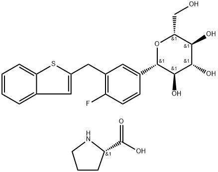 L-prolin kompd. z (1S)-1,5-anhidro-1-C-[3-(benzo[b]tien-2-ilmetil)-4-fluorofenil]-D-glucitolom (1:1)